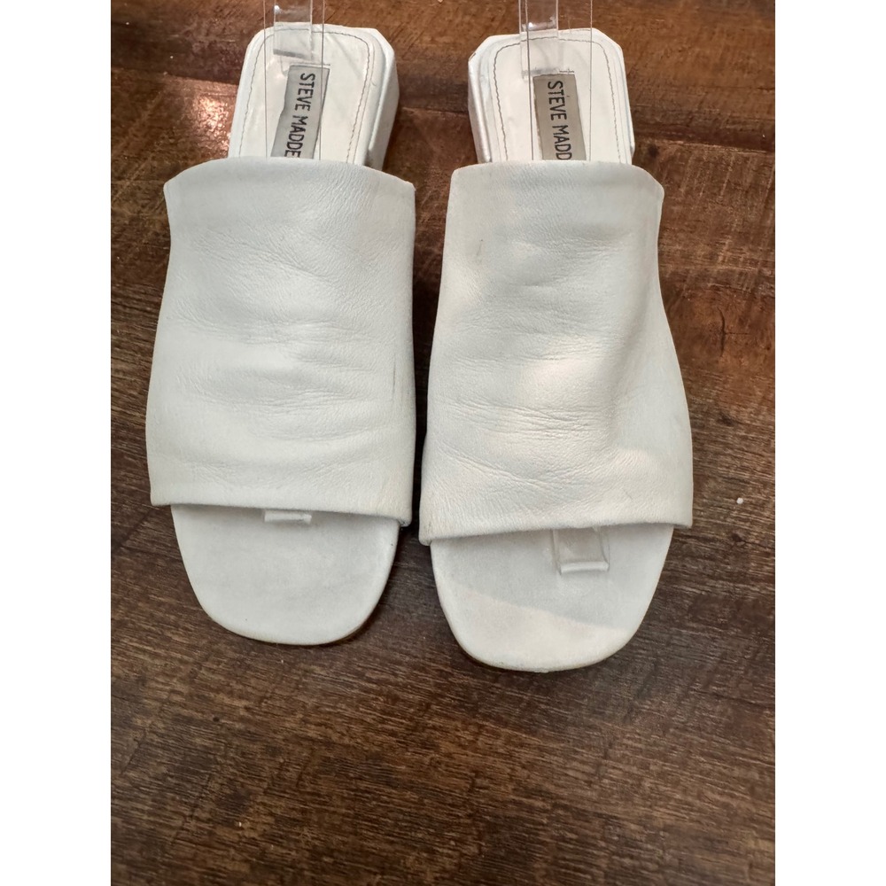Steve Madden White Leather Slip-On Block Heel Mule Sandals Size 7.5